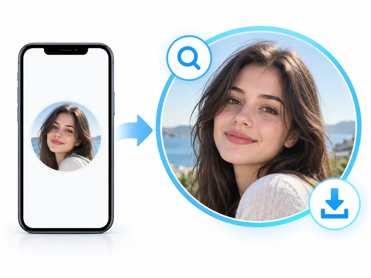 A fictional profile portrait with small-avatar, larger-preview and download views